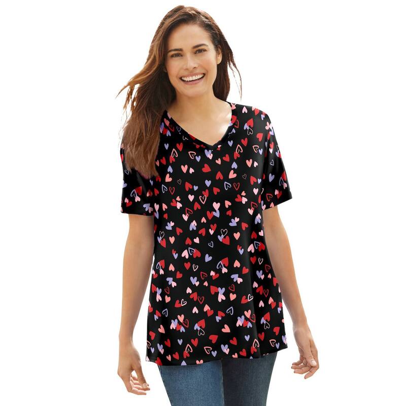 ウーマン ウィズイン レディース トップス Tシャツ Vネック プラスサイズ プリント 半袖 Woman Within Plusize Perfect Printed Short-Sleeve V-Neck Tee Black Tossed Hearts ブラック