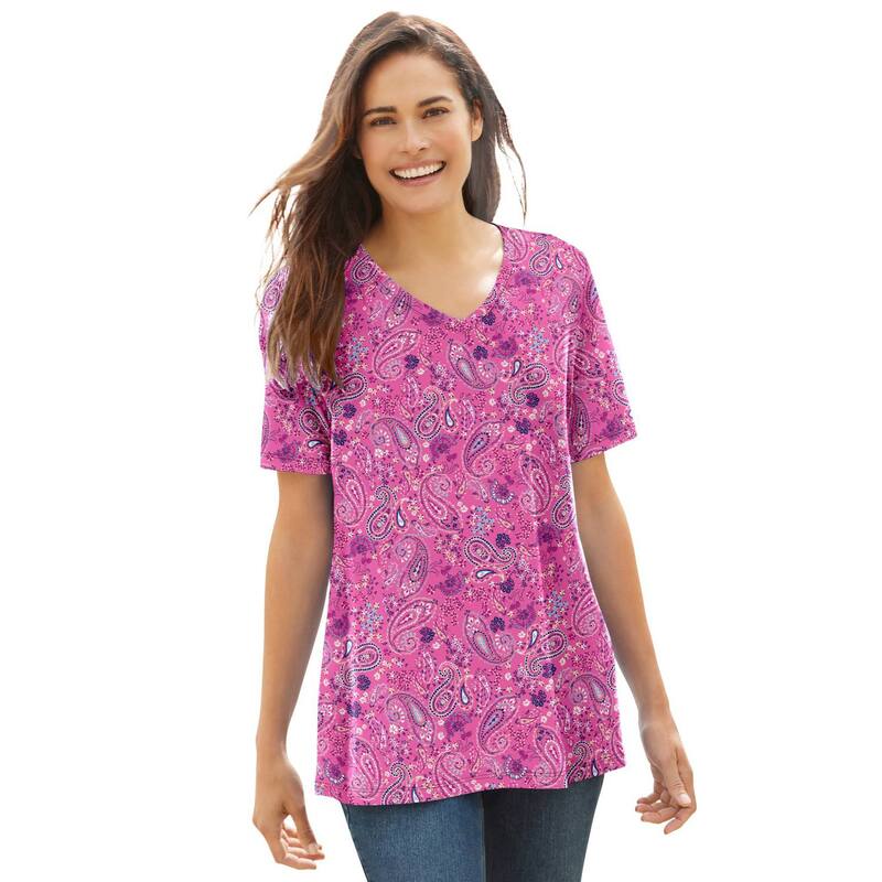 ウーマン ウィズイン レディース トップス Tシャツ Vネック プラスサイズ プリント 半袖 Woman Within Plusize Perfect Printed Short-Sleeve V-Neck Tee Peony Petal Paisley