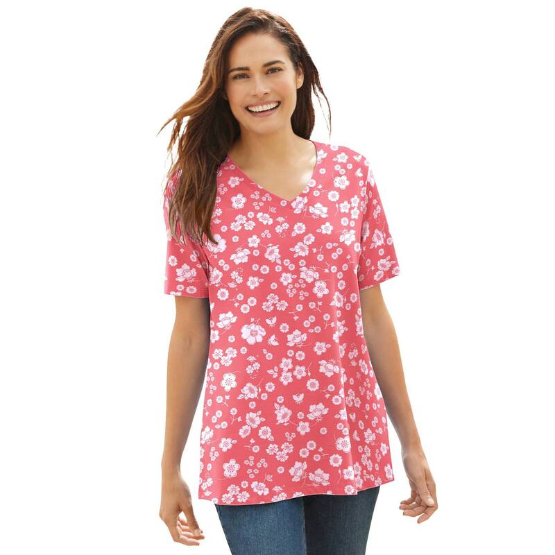 ウーマン ウィズイン レディース トップス Tシャツ Vネック プラスサイズ プリント 半袖 Woman Within Plusize Perfect Printed Short-Sleeve V-Neck Tee Sweet Coral Butterfly コーラル