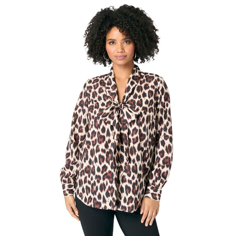 ロアマンズ レディース トップス シャツ プラスサイズ ブラウス Roaman's Women's Plusize Long Sleeve Bow Blouse Oatmeal Animal Print オートミール