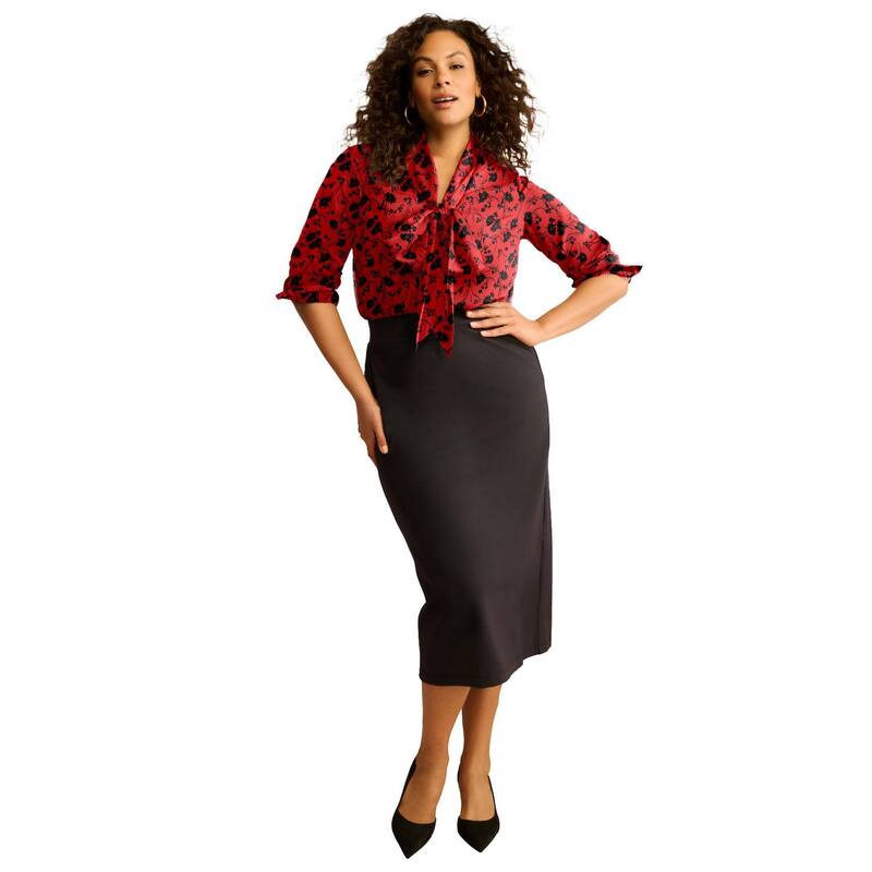 ロアマンズ レディース トップス シャツ プラスサイズ ブラウス Roaman's Women's Plusize Long Sleeve Bow Blouse Red Black Flower ブラック