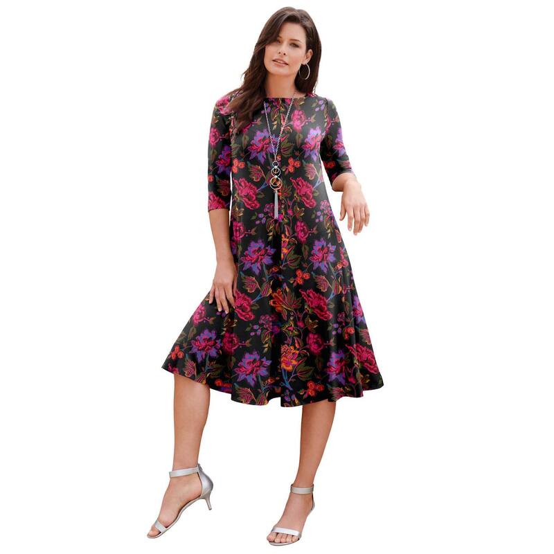 ロアマンズ レディース トップス ワンピース プラスサイズ プチ Roaman's Women's Plusize Petite Plusize 3/4 Sleeve Boatneck Swing Dress Multi Block Print マルチカラー