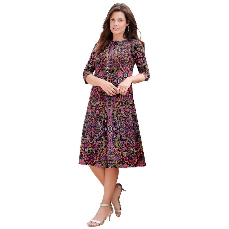 ロアマンズ レディース トップス ワンピース プラスサイズ プチ Roaman's Women's Plusize Petite Plusize 3/4 Sleeve Boatneck Swing Dress Multi Mirrored マルチカラー