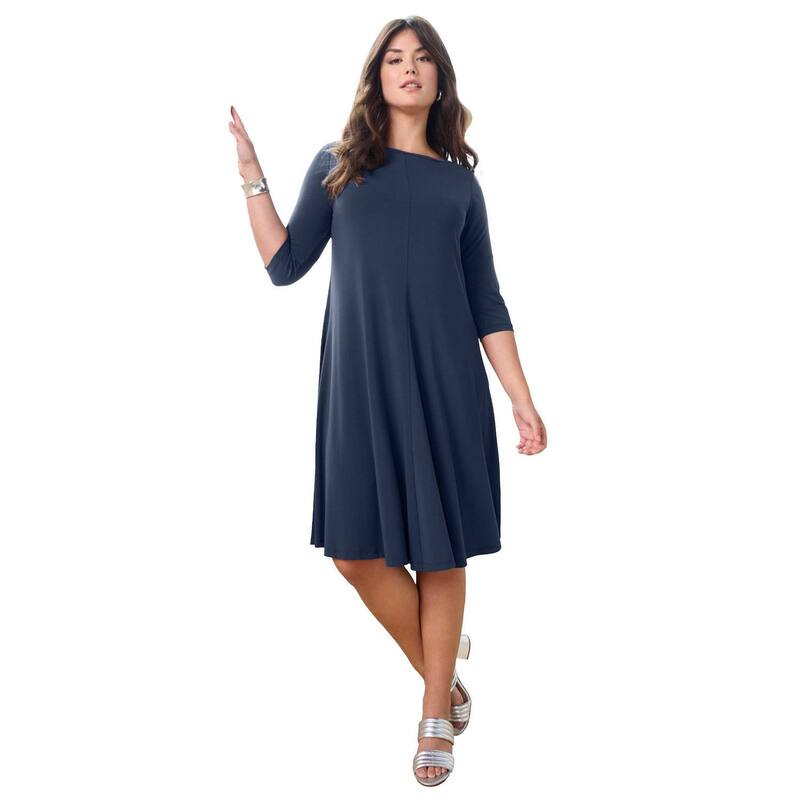 ロアマンズ レディース トップス ワンピース プラスサイズ プチ Roaman's Women's Plusize Petite Plusize 3/4 Sleeve Boatneck Swing Dress Navy ネイビー