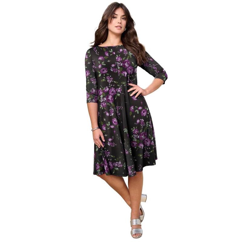 ロアマンズ レディース トップス ワンピース プラスサイズ プチ Roaman's Women's Plusize Petite Plusize 3/4 Sleeve Boatneck Swing Dress Purple Rose Floral パープル|ReVida 店