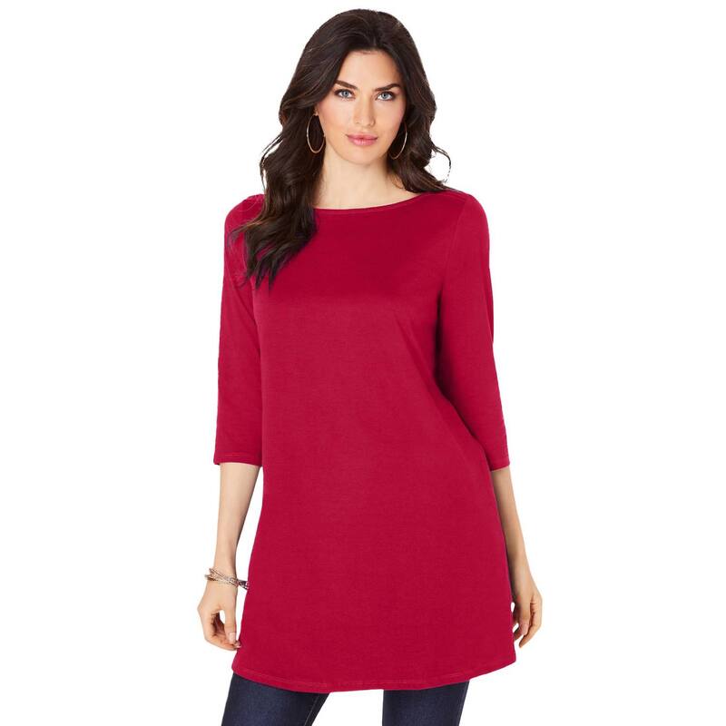 ロアマンズ レディース トップス Tシャツ プラスサイズ コットン Roaman's Women's Plusize Cotton Ultimate Boatneck Tunic With Side Slits Classic Red レッド