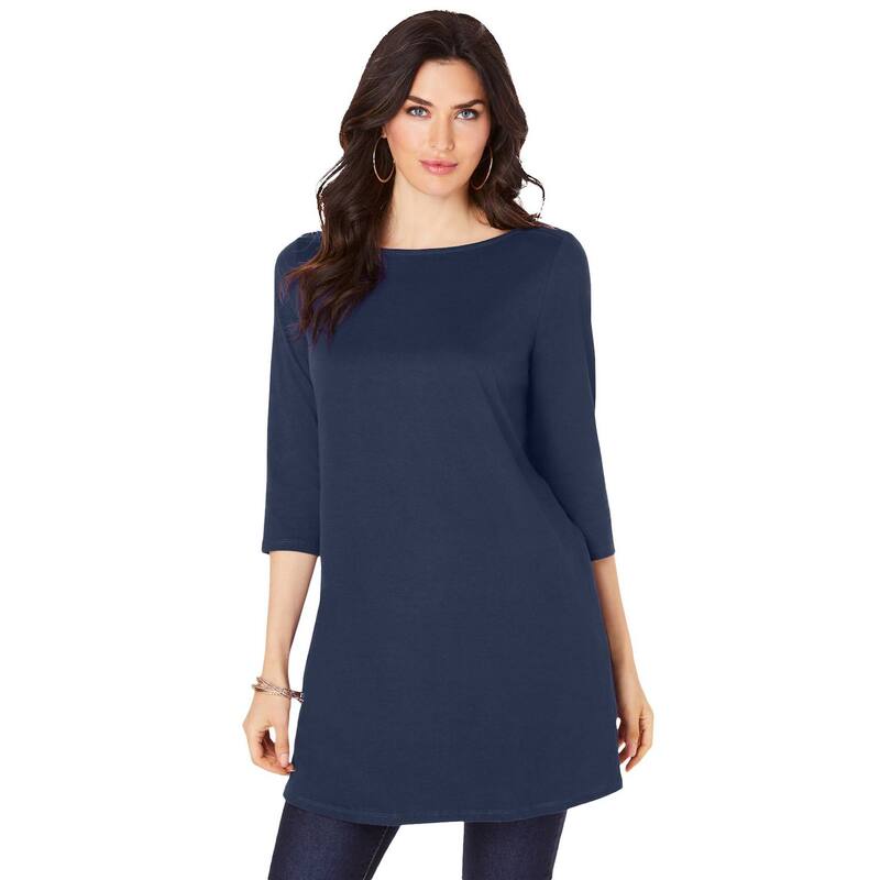 ロアマンズ レディース トップス Tシャツ プラスサイズ コットン Roaman's Women's Plusize Cotton Ultimate Boatneck Tunic With Side Slits Navy ネイビー