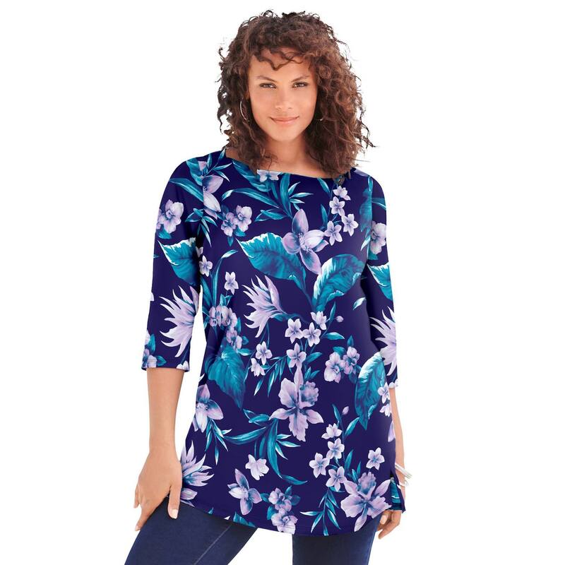 ロアマンズ レディース トップス Tシャツ プラスサイズ コットン Roaman's Women's Plusize Cotton Ultimate Boatneck Tunic With Side Slits Navy Tropical Orchid ネイビー