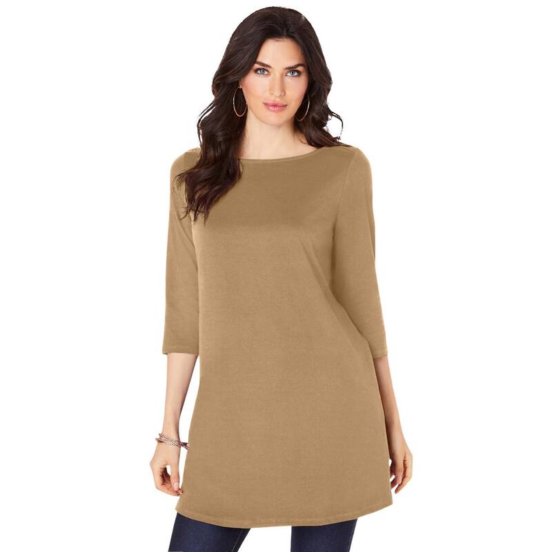 ロアマンズ レディース トップス Tシャツ プラスサイズ コットン Roaman's Women's Plusize Cotton Ultimate Boatneck Tunic With Side Slitsoft Camel キャメル｜ReVida 店