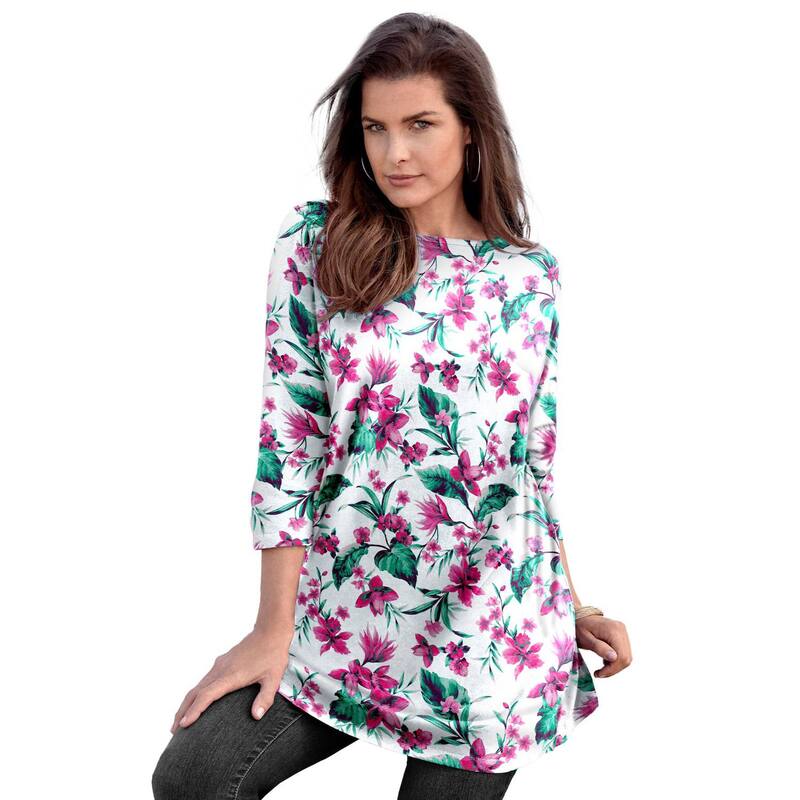 ロアマンズ レディース トップス Tシャツ プラスサイズ コットン Roaman's Women's Plusize Cotton Ultimate Boatneck Tunic With Side Slits White Tropical Orchid ホワイト