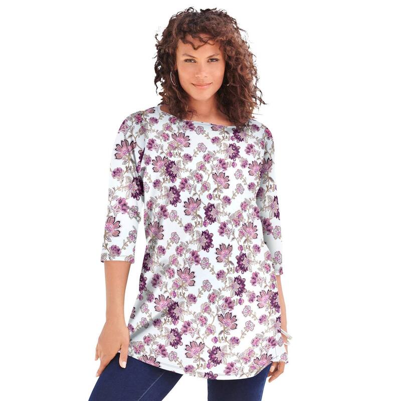 ロアマンズ レディース トップス Tシャツ プラスサイズ コットン Roaman's Women's Plusize Cotton Ultimate Boatneck Tunic With Side Slits White Vine Floral ホワイト