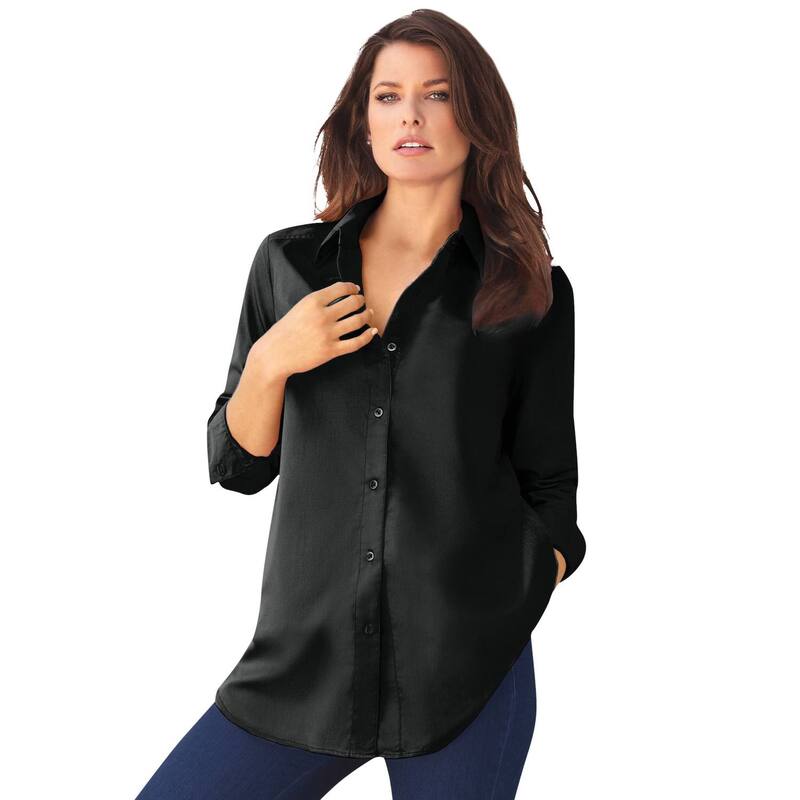 ロアマンズ レディース トップス シャツ プラスサイズ コットン Roaman's Women's Plusize Kate Long Sleeveasy Cotton-Blend Button-Front Shirt Black ブラック｜ReVida 店