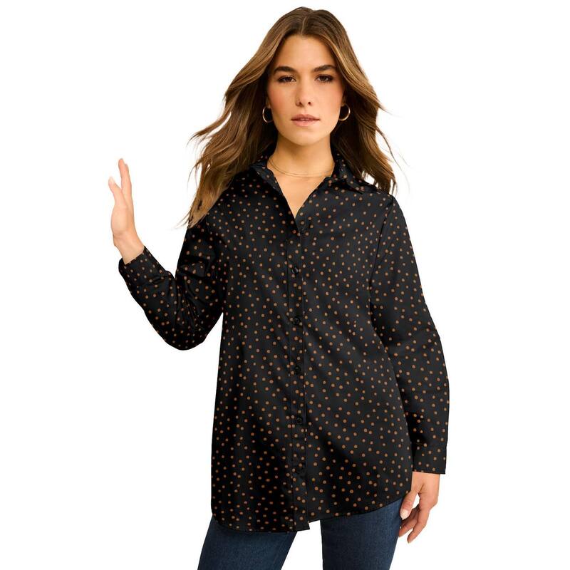 ロアマンズ レディース トップス シャツ プラスサイズ コットン Roaman's Women's Plusize Kate Long Sleeveasy Cotton-Blend Button-Front Shirt Cognac Paintedot 11,506円