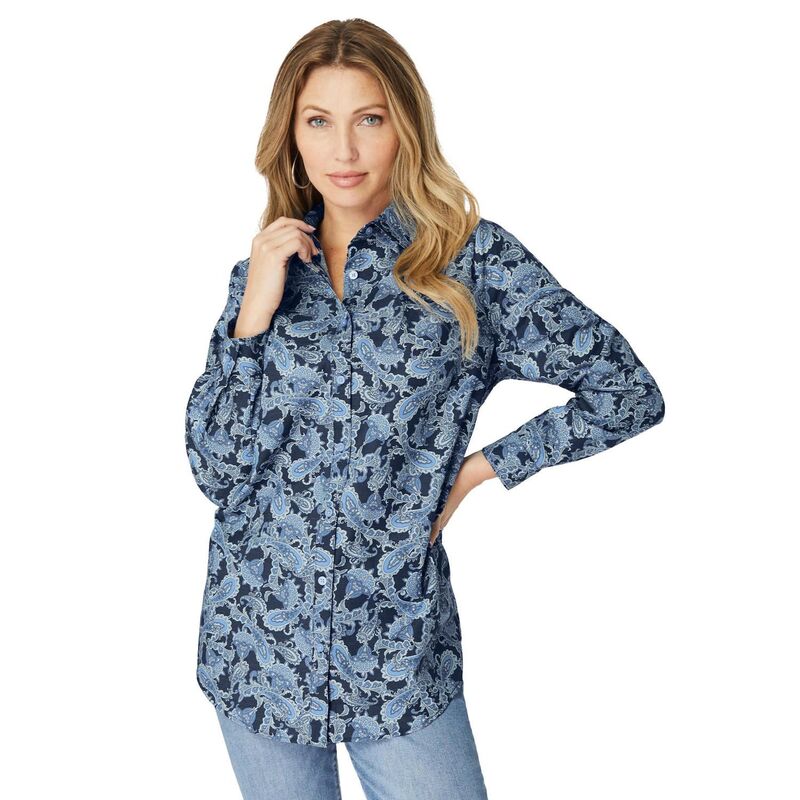 ロアマンズ レディース トップス シャツ プラスサイズ コットン Roaman's Women's Plusize Kate Long Sleeveasy Cotton-Blend Button-Front Shirt Navy Lavish Paisley ネイビー｜ReVida 店