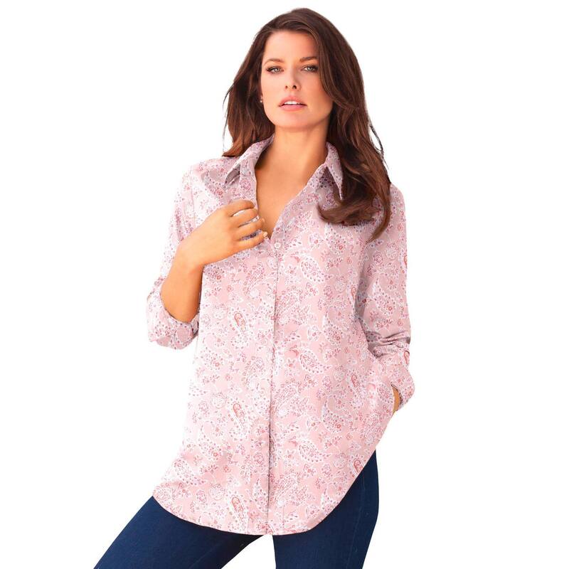 ロアマンズ レディース トップス シャツ プラスサイズ コットン Roaman's Women's Plusize Kate Long Sleeveasy Cotton-Blend Button-Front Shirt Peach Coral Paisley ピーチ|ReVida 店