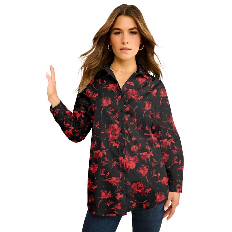 ロアマンズ レディース トップス シャツ プラスサイズ コットン Roaman's Women's Plusize Kate Long Sleeveasy Cotton-Blend Button-Front Shirt Red Sketch Blossoms レッド