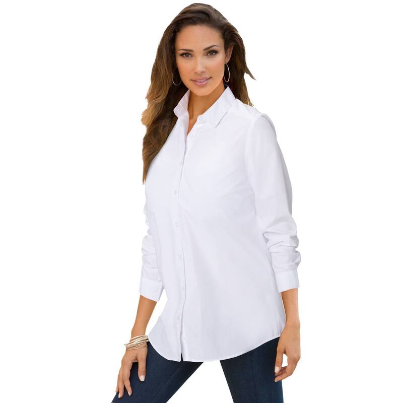 ロアマンズ レディース トップス シャツ プラスサイズ コットン Roaman's Women's Plusize Kate Long Sleeveasy Cotton-Blend Button-Front Shirt White ホワイト