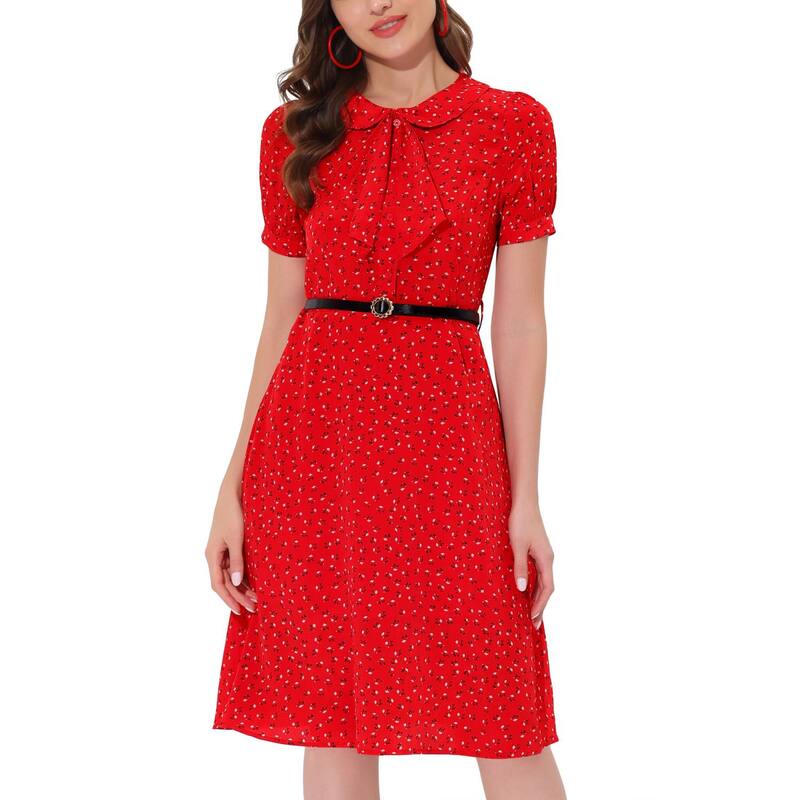 アレグラ ケー レディース トップス ワンピース フラワー柄 フラワー ALLEGRA K Women's Peter Pan Collar Tie Neck Elegant Floral Dress with Belt Red レッド|ReVida 店
