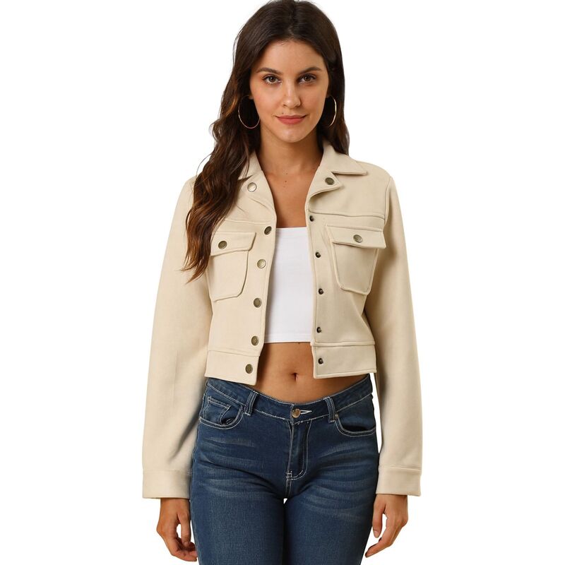 アレグラ ケー レディース アウター 上衣・上衣 スエードクロス 落ち込む クロップド ALLEGRA K Women\u0027s Turn Down Collar Faux Suede Cropped Moto Jacket Beige ベージュ