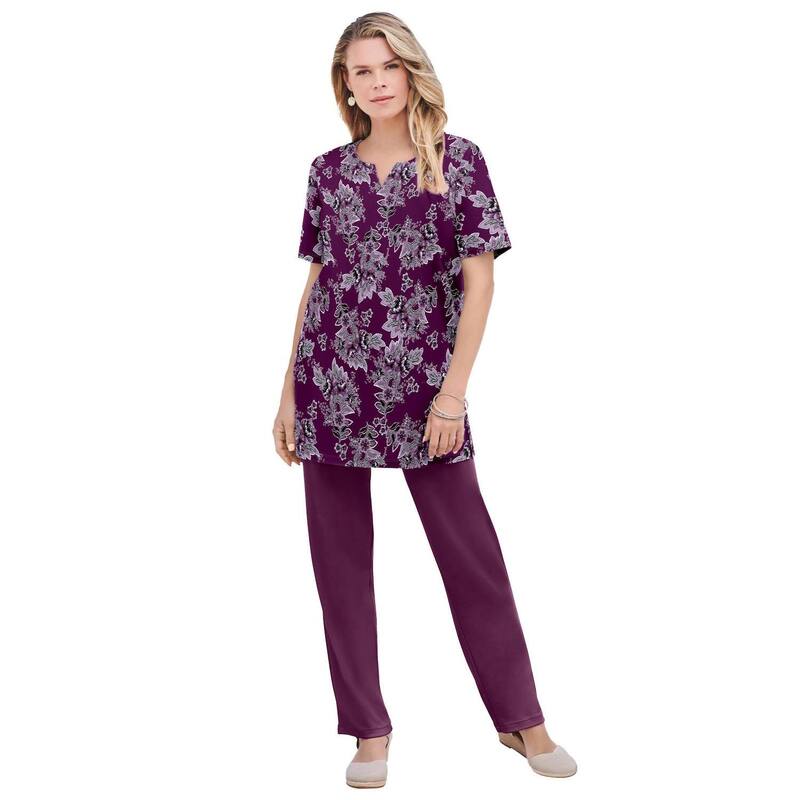 ロアマンズ レディース トップス Tシャツ プラスサイズ プリント ニット Roaman's Women's Plusize Soft Knit Printunic With Notch Neckline Berry Rose Floral|ReVida 店