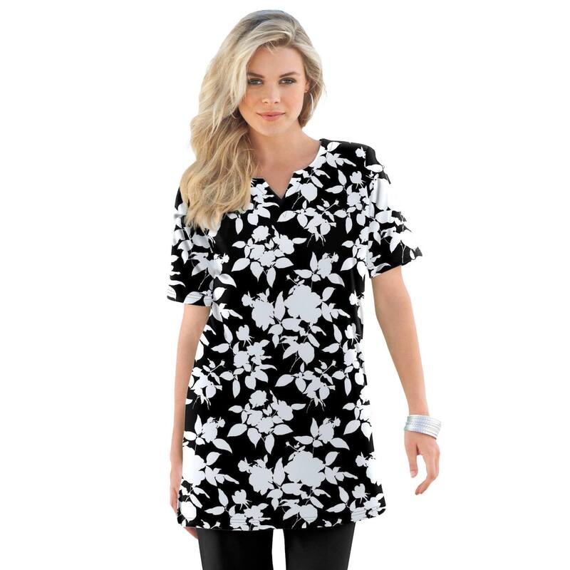 ロアマンズ レディース トップス Tシャツ プラスサイズ プリント ニット Roaman's Women's Plusize Soft Knit Printunic With Notch Neckline Black Shadow Floral ブラック｜ReVida 店