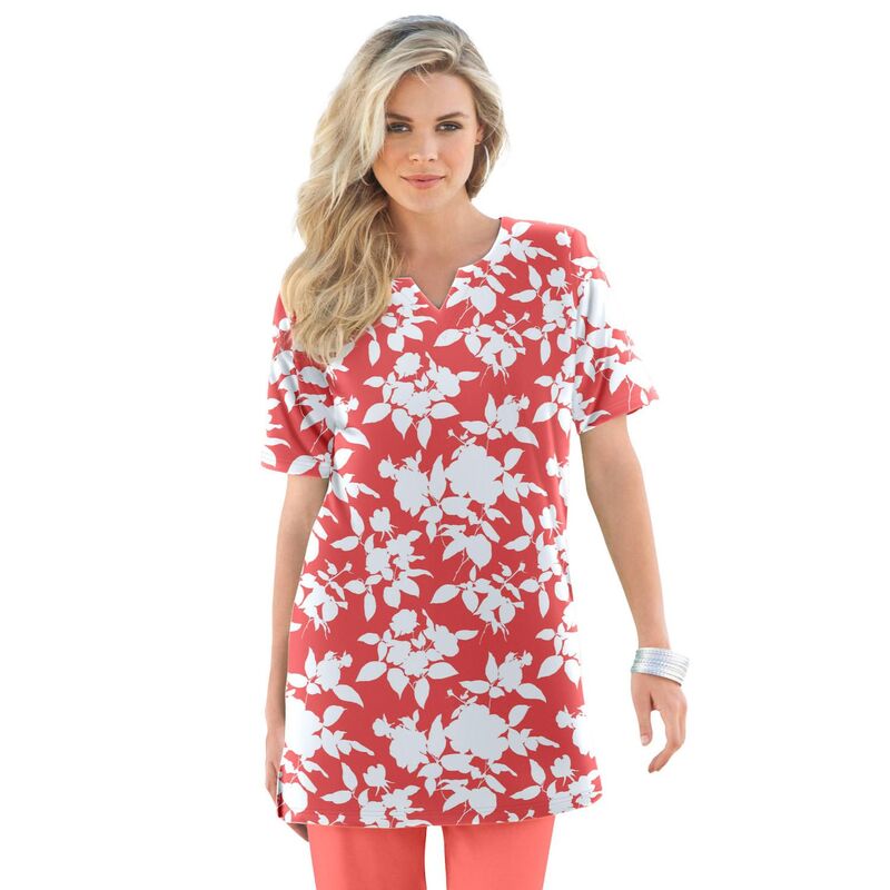 ロアマンズ レディース トップス Tシャツ プラスサイズ プリント ニット Roaman's Women's Plusize Soft Knit Printunic With Notch Neckline Coral Shadow Floral コーラル