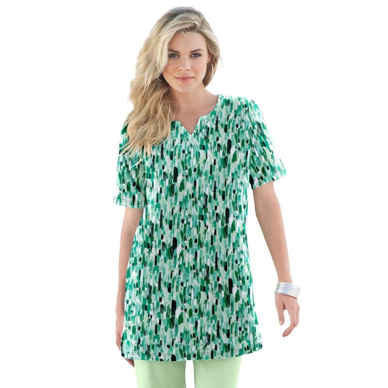ロアマンズ レディース トップス Tシャツ プラスサイズ プリント ニット Roaman's Women's Plusize Soft Knit Printunic With Notch Neckline Green Mint Brushstroke グリーン｜ReVida 店