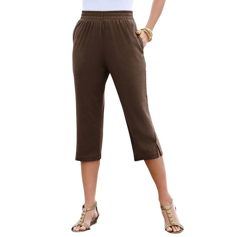 ロアマンズ レディース ボトムス カジュアルパンツ プラスサイズ キャップ ニット Roaman's Women's Plusize Soft Knit Pull-On Capri Pant Chocolate チョコレート