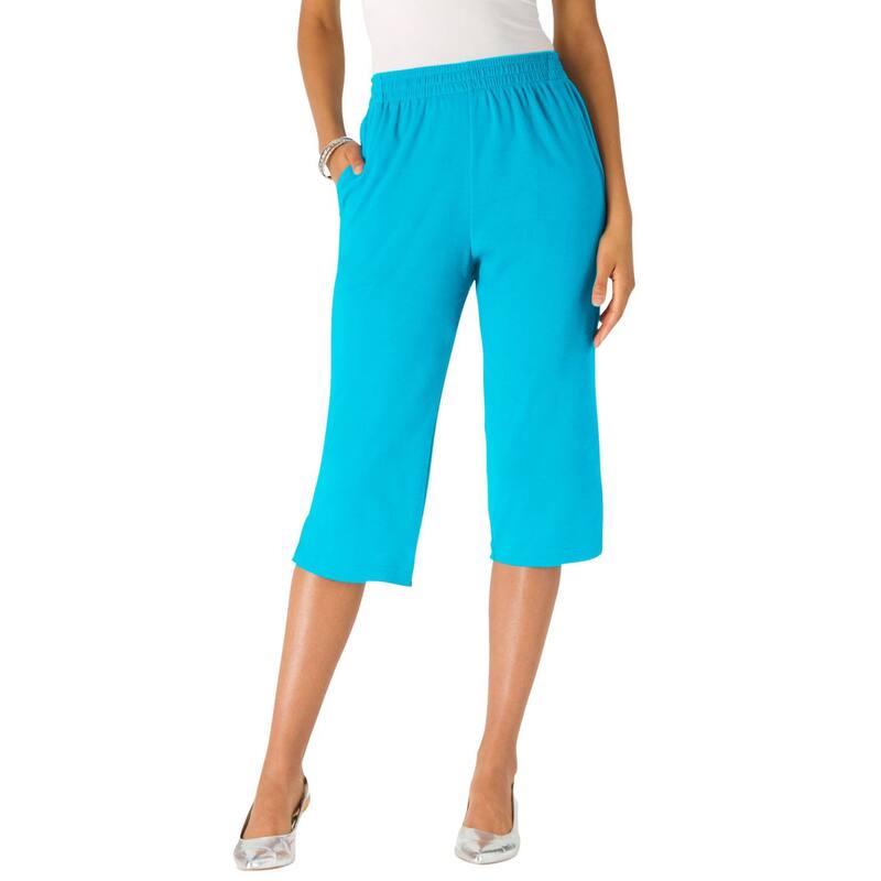 ロアマンズ レディース ボトムス カジュアルパンツ プラスサイズ キャップ ニット Roaman's Women's Plusize Soft Knit Pull-On Capri Pant Ocean