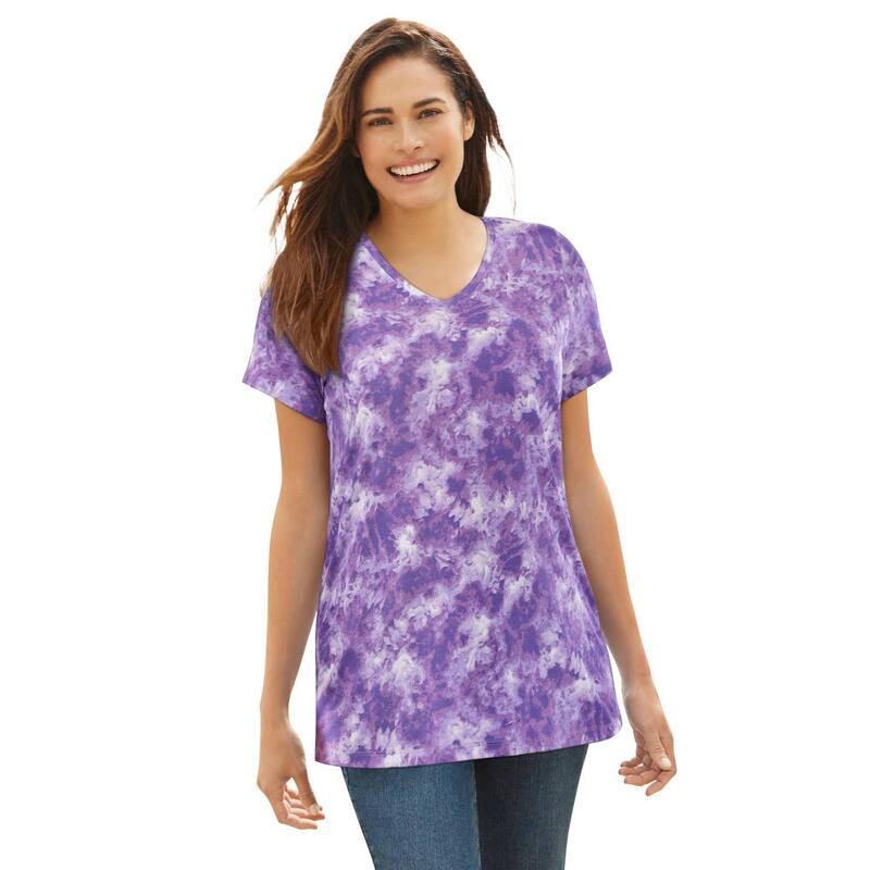 ウーマン ウィズイン レディース トップス Tシャツ Vネック プラスサイズ プリント 半袖 Woman Within Plusize Perfect Printed Short-Sleeve V-Neck Tee Petal Purple Tie Dye パープル