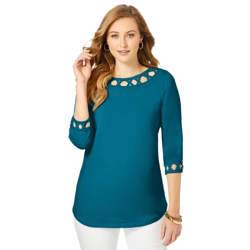 ジェシカロンドン レディース トップス Tシャツ プラスサイズ コットン Jessica London Women's Plusize Stretch Cotton Lattice Boatneck Tunic Deep Teal ティール