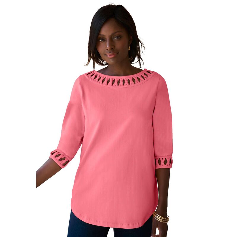 ジェシカ英国の首都 レディース トップス ティーシャツ 付け加える大いさ 綿織物 Jessica London Women\u0027s Plusize Stretch Cotton Lattice Boatneck Tunic Tea Rose Tシャツ・カットソー-トップス