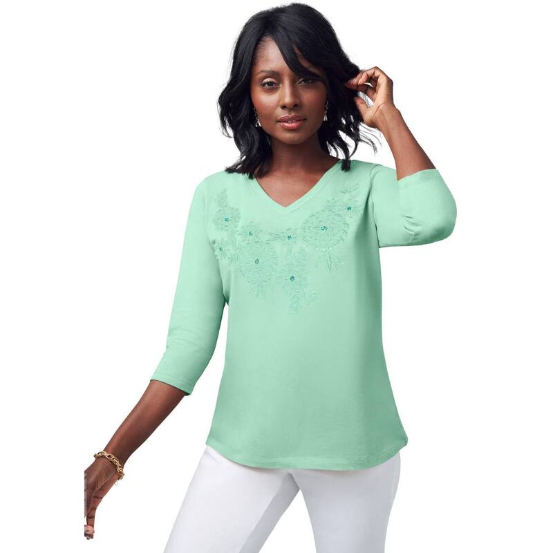 ジェシカロンドン レディース トップス Tシャツ プラスサイズ コットン 刺繍 Jessica London Women's Plusize Stretch Cotton Embroidered Tee Pale Seafoam Floral|ReVida 店