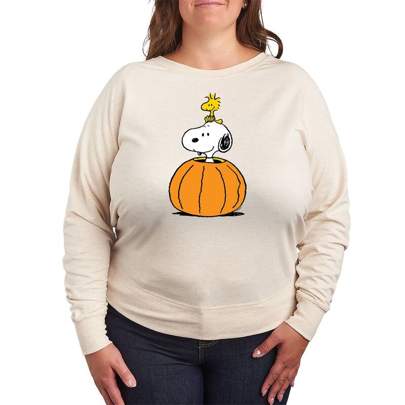 アニメキャラクター レディース トップス Tシャツ プラスサイズ パイル Licensed Character Plusize Peanutsnoopy & Woodstock Pumpkin French Terry Long Sleeve Tee Beige ベージュ