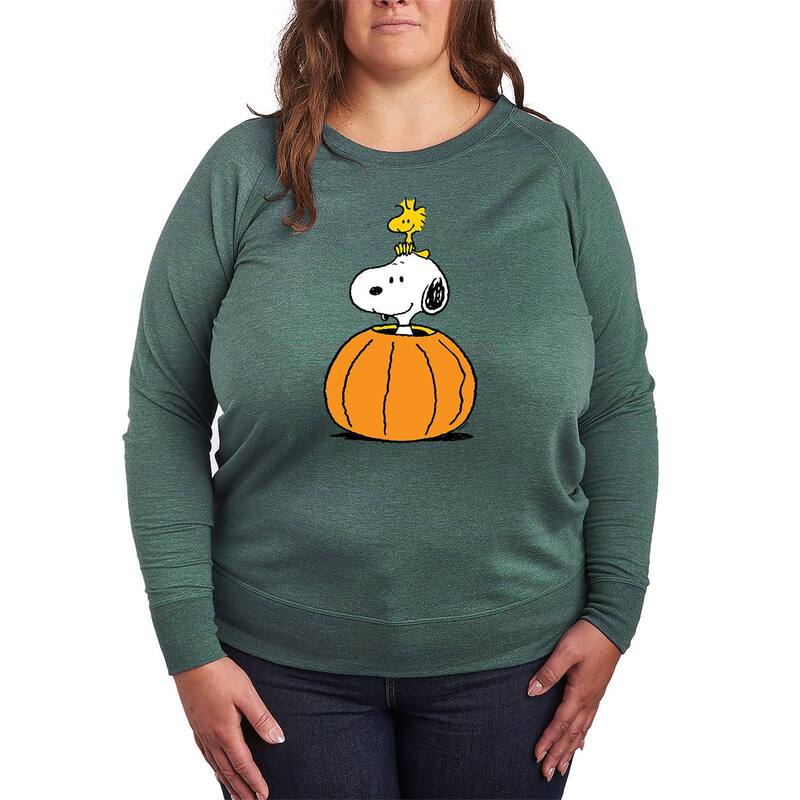 アニメキャラクター レディース トップス Tシャツ プラスサイズ パイル Licensed Character Plusize Peanutsnoopy & Woodstock Pumpkin French Terry Long Sleeve Tee Heather Green ヘザー
