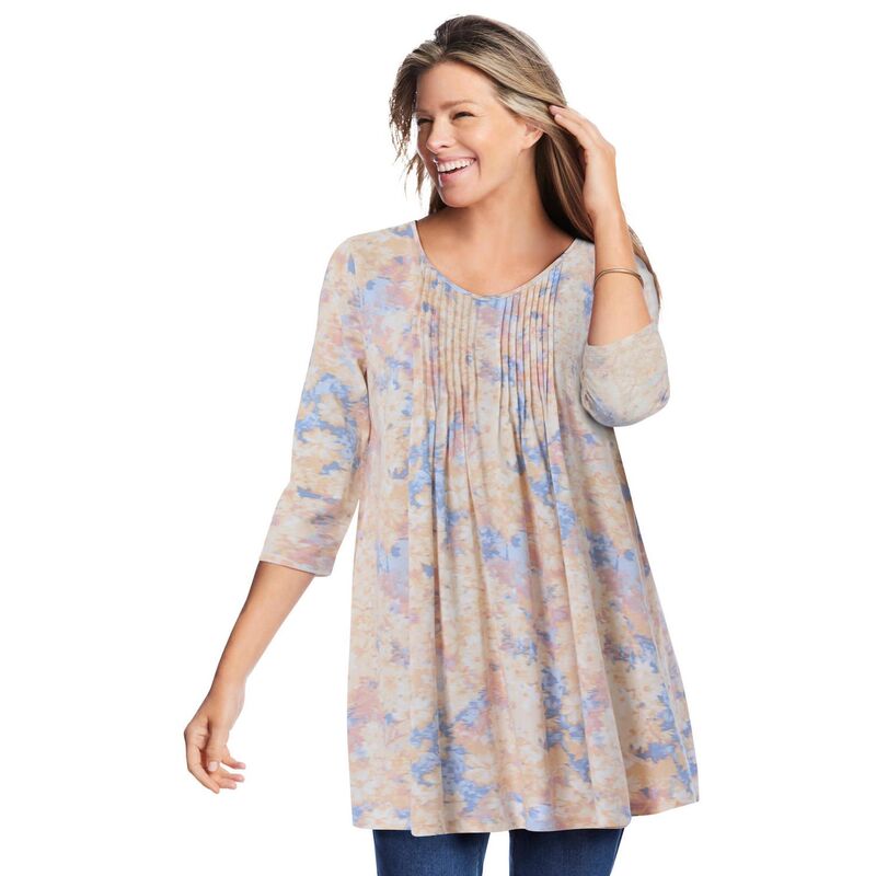 成人女性 ウィズはたご屋 レディース トップス プルオーバー Vのど首 足し加える大きさ Woman Within Plusize V-Neck Pintucked Tunic Peach Faded Floral 桃