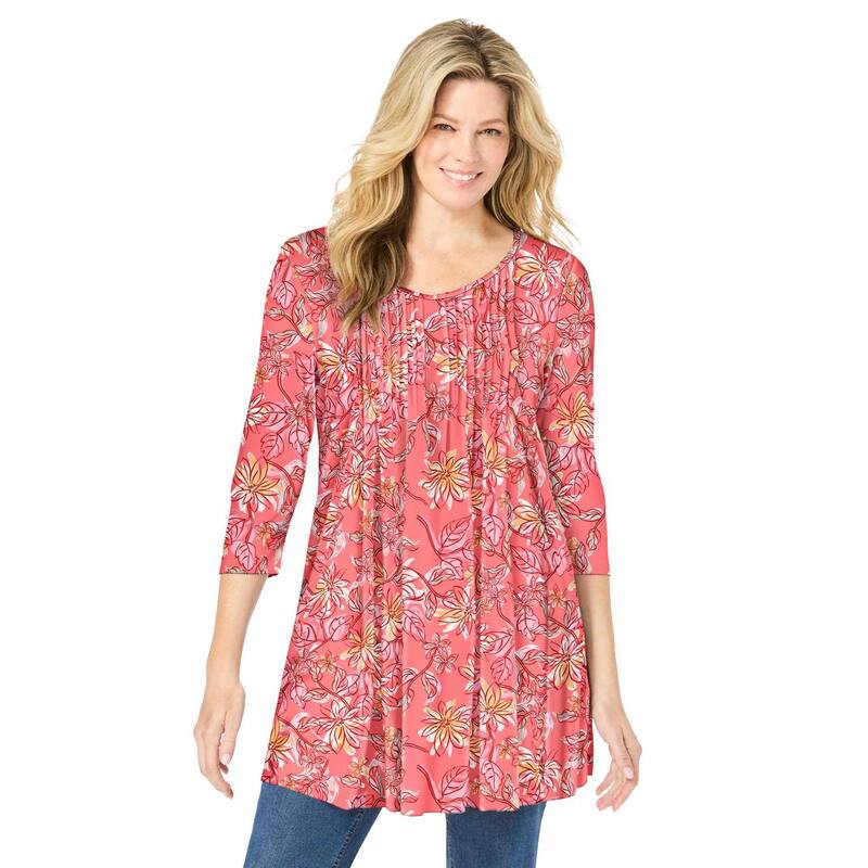 成人女性 ウィズはたご屋 レディース トップス プルオーバー Vのど首 足し加える大きさ Woman Within Plusize V-Neck Pintucked Tunic Sweet Coral Floral コーラル