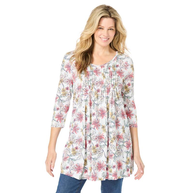 成人女性 ウィズはたご屋 レディース トップス プルオーバー Vのど首 足し加える大きさ Woman Within Plusize V-Neck Pintucked Tunic White Floral 白いこと