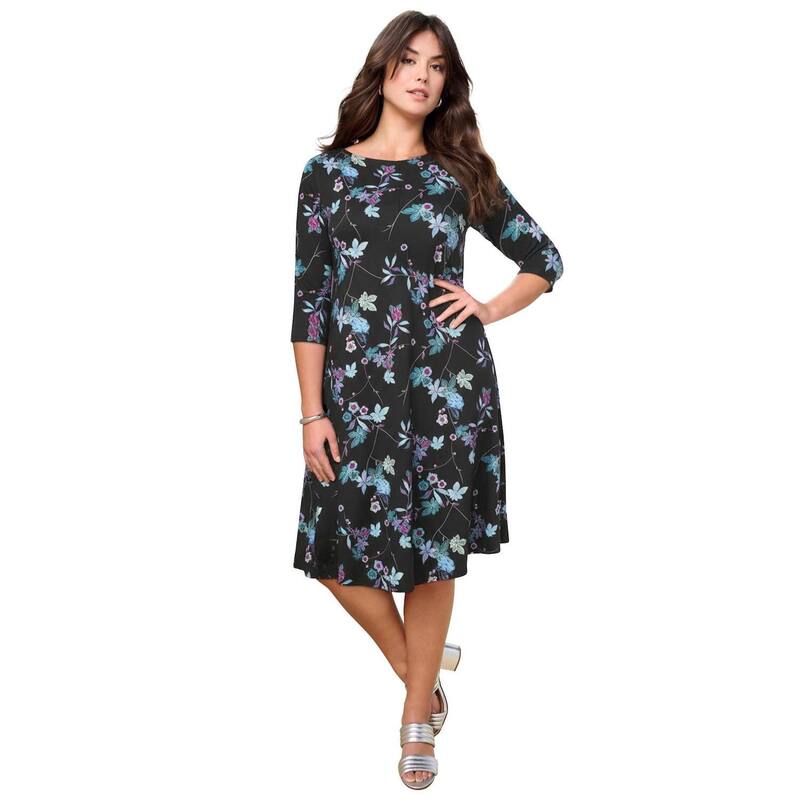 ロアマンズ レディース トップス ワンピース プラスサイズ Roaman's Women's Plusize 3/4 Sleeve Boatneck Swing Dress Purple Batik Vines パープル