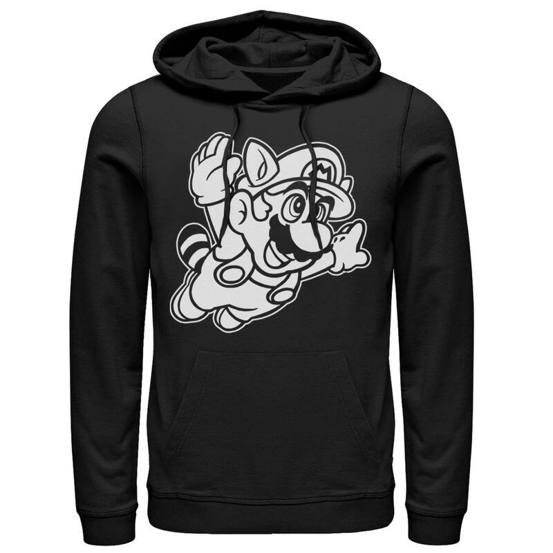 アニメキャラクター レディース トップス Tシャツ パーカー Licensed Character Men's Nintendo Super Mario 3 Raccoon Fly Line Art Hoodie Black ブラック