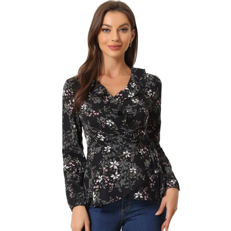 アレグラ ケー レディース トップス シャツ Vネック フラワー柄 フリル ブラウス フラワー ALLEGRA K Women's Floral V Neck Wrap Top Long Sleeve Tie Waist Ruffle Peplum Blouse Black Floral ブラック