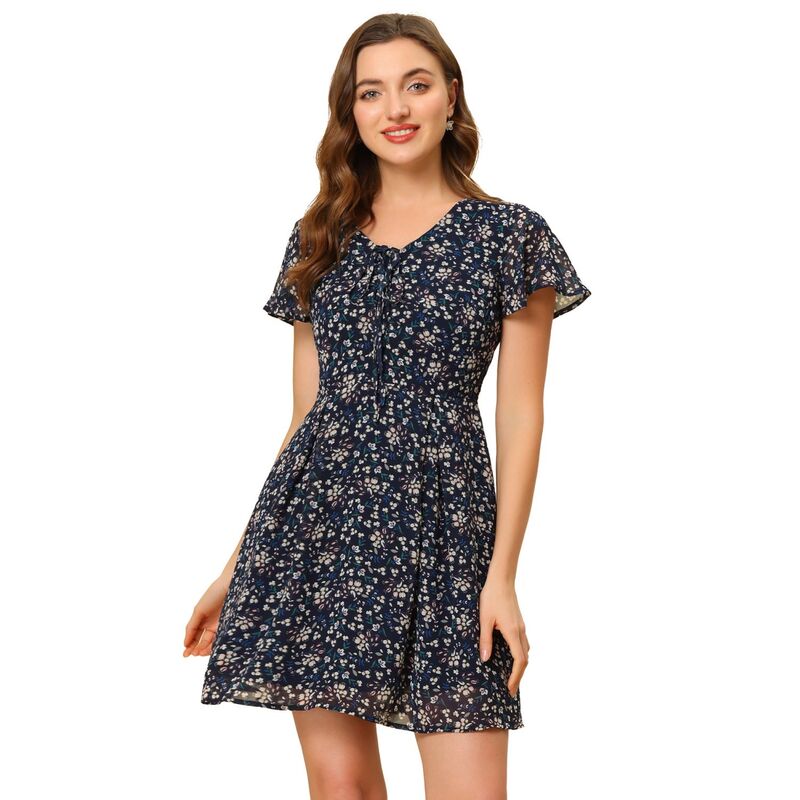 アレグラ ケー レディース トップス 衣装 シフォン お花柄 スピード競技 お花 ALLEGRA K Women\u0027s Floralace-up Chiffon Dress Navy Blue 米国海軍 レディースファッション-ワンピース