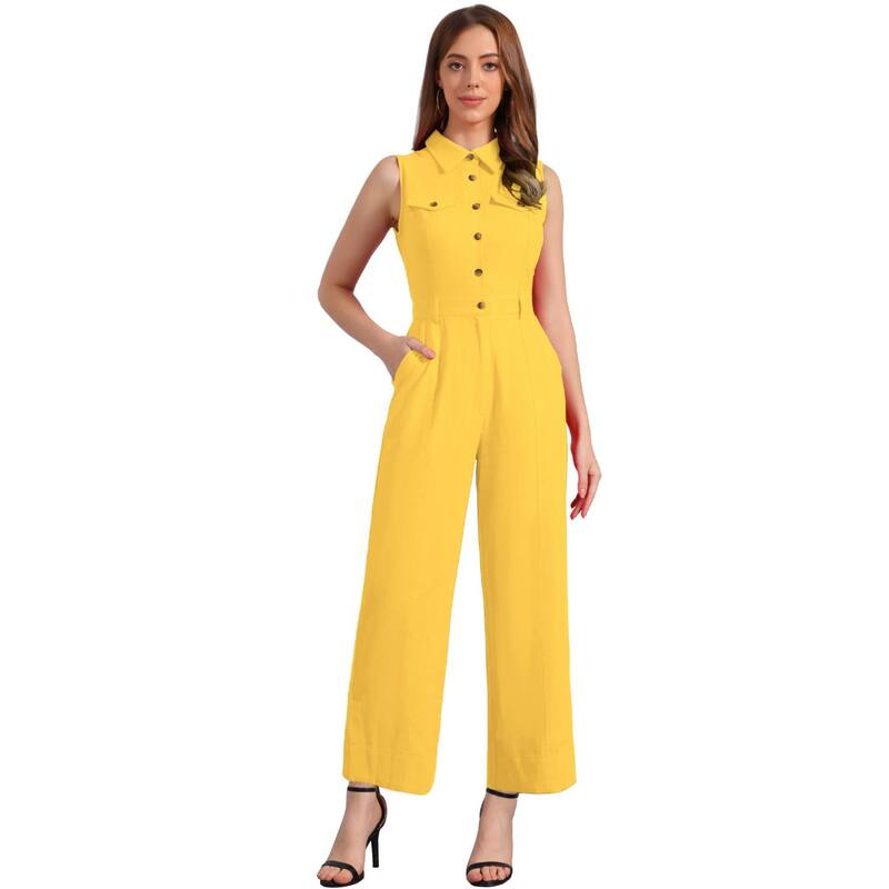 アレグラ ケー レディース トップス ワンピース ノースリーブ アンクル ジャンプスーツ ALLEGRA K Women's Ankle Tie Waist Workwear Button Front Sleeveless Jumpsuit Yellow イエロー|ReVida 店