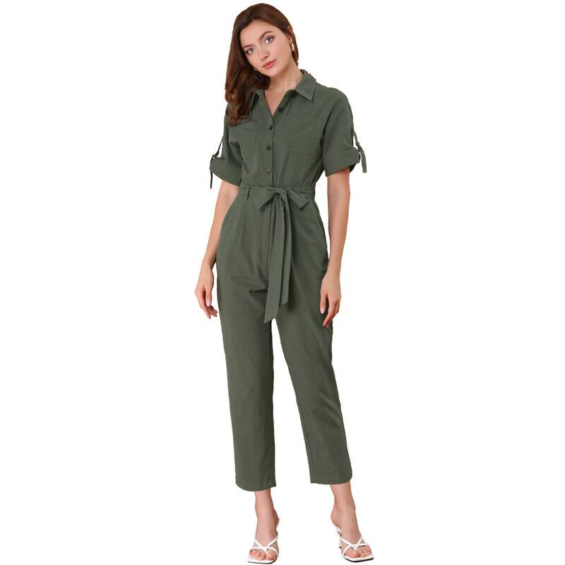 アレグラ ケー レディース トップス ワンピース ロンパース ダウン ジャンプスーツ ALLEGRA K Women's Romper Turndown Collar Button up Tie Waist Cargo Jumpsuit Green グリーン