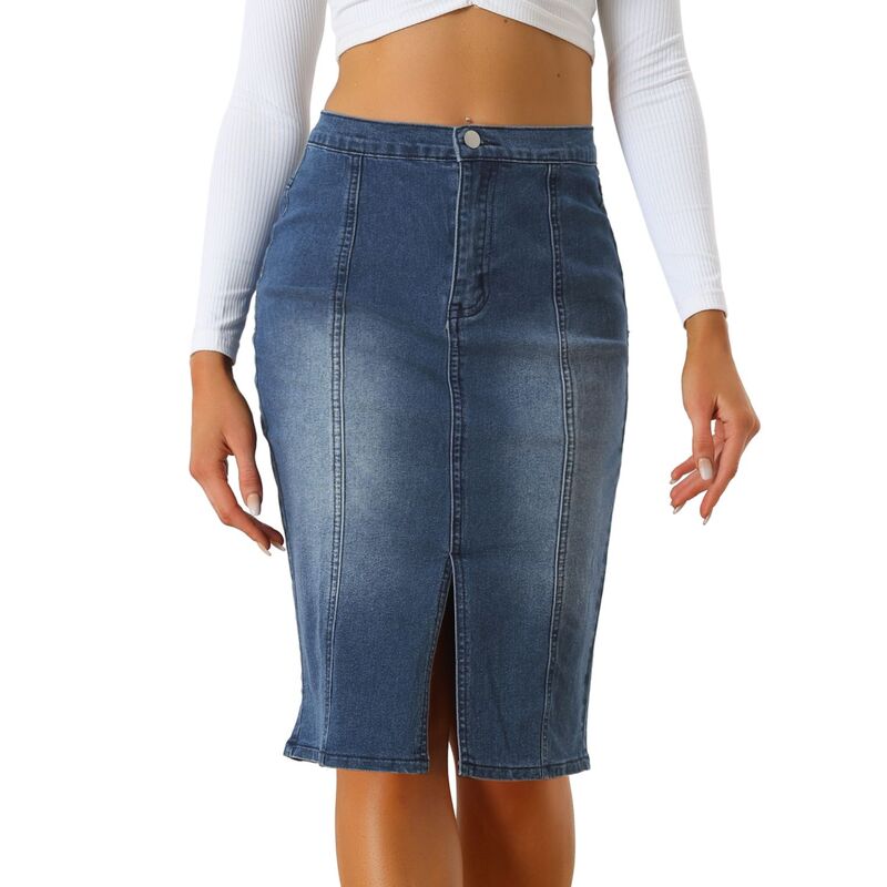 アレグラ ケー レディース ボトムスカート ミディ デニム ALLEGRA K Women's Bodycon Midi Skirt High Elastic Waist Split Front Denim Pencil Skirt Dark Blue ブルー｜ReVida 店