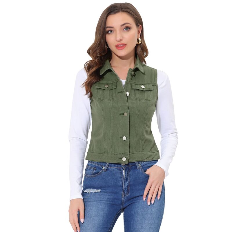 アレグラ ケー レディース アウター 上衣・上衣 限りない ジーンズ ALLEGRA K Women\u0027s Washed Chest Flapocketsingle Breastedenim Vest Jacket Army Green 緑であること
