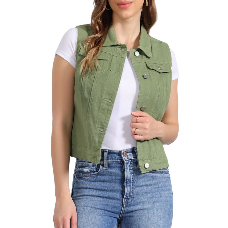 アレグラ ケー レディース アウター 上衣・上衣 限りない ジーンズ ALLEGRA K Women\u0027s Washed Chest Flapocketsingle Breastedenim Vest Jacket Bean Green 緑であること
