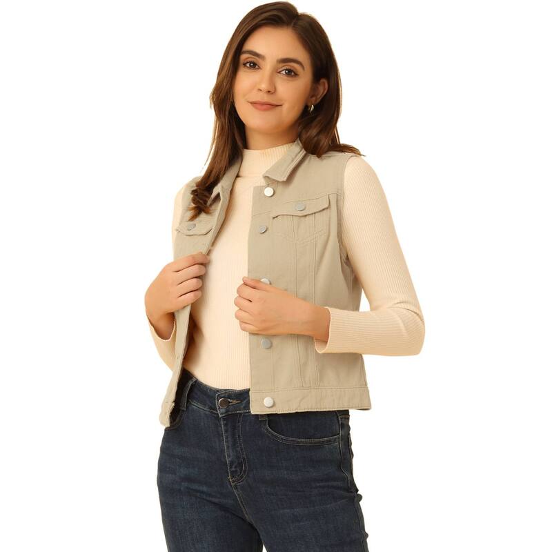 アレグラ ケー レディース アウター 上衣・上衣 限りない ジーンズ ALLEGRA K Women\u0027s Washed Chest Flapocketsingle Breastedenim Vest Jacket Beige ベージュ