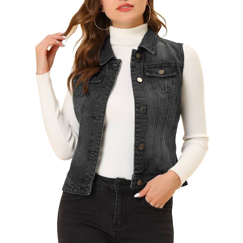 アレグラ ケー レディース アウター 上衣・上衣 限りない ジーンズ ALLEGRA K Women\u0027s Washed Chest Flapocketsingle Breastedenim Vest Jacket Black 黒いこと