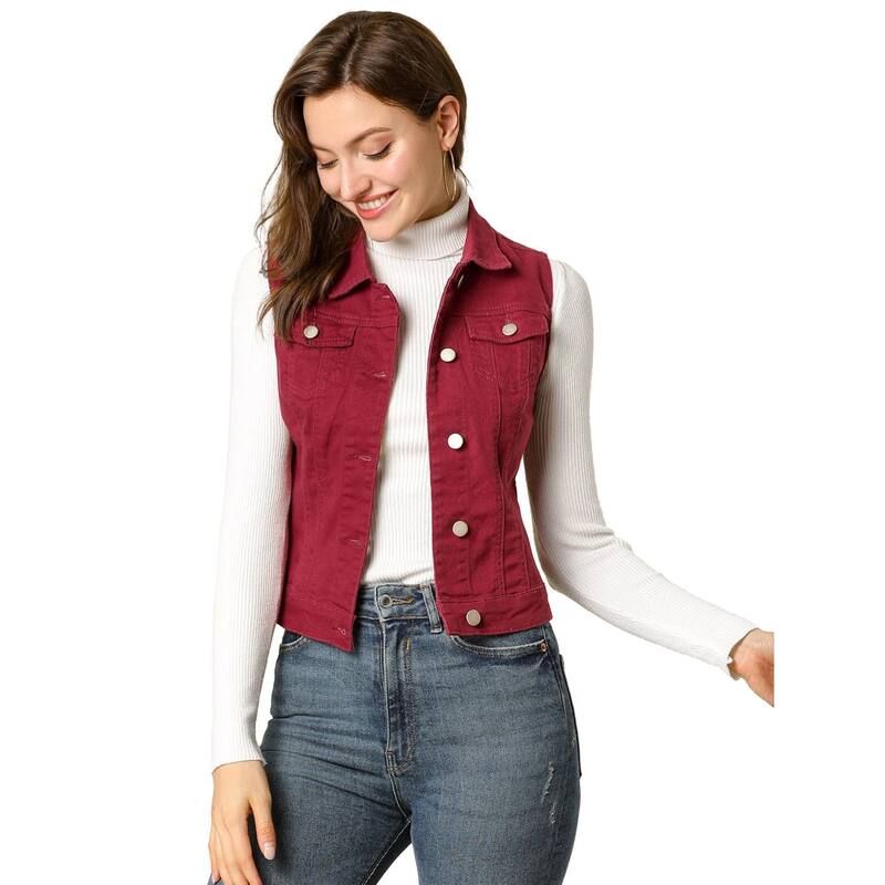 アレグラ ケー レディース アウター 上衣・上衣 限りない ジーンズ ALLEGRA K Women\u0027s Washed Chest Flapocketsingle Breastedenim Vest Jacket Burgundy バーガンディ